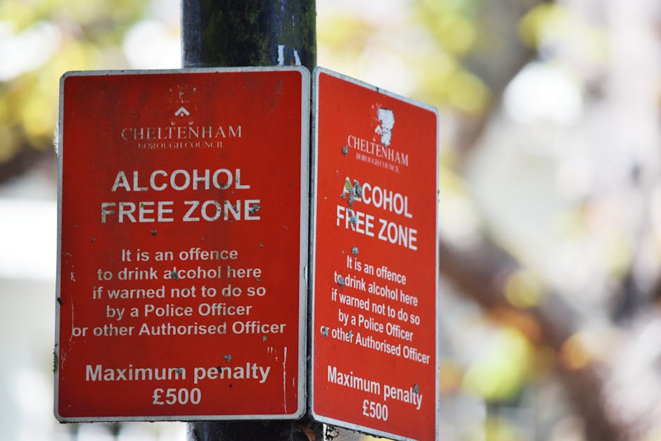 Two rectangular red signs attached to a dark green metal pole outdoors, with the left sign slightly behind the right one, both displaying white text. The signs indicate a designated alcohol-free zone 
