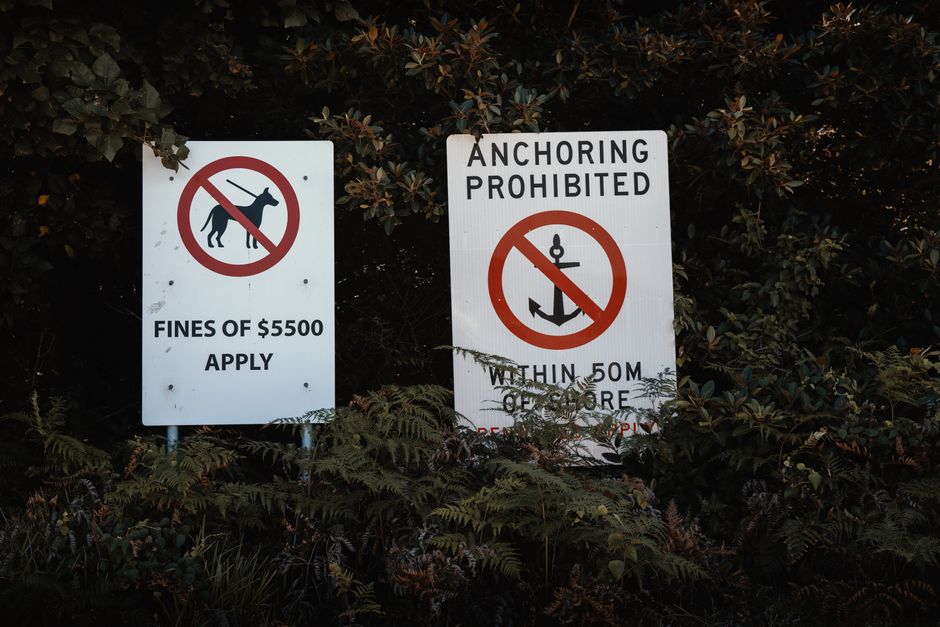 Two rectangular red signs attached to a dark green metal pole outdoors, with the left sign slightly behind the right one, both displaying white text. The signs indicate a designated alcohol-free zone 